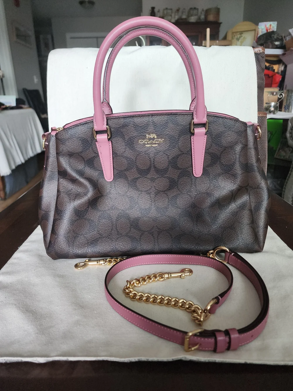 Coach Signature Dome Satchel in Brown with Pink Trim